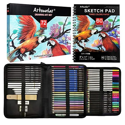 Artownlar 72 Pack Drawing Sketching Set with 8x11" Sketchbook | Pro Art Supplies Kit for Artist Adults Teens Beginners | Video Tutorial,Charcoal, Watercolor & Metallic Colored Pencils in Gift Case
