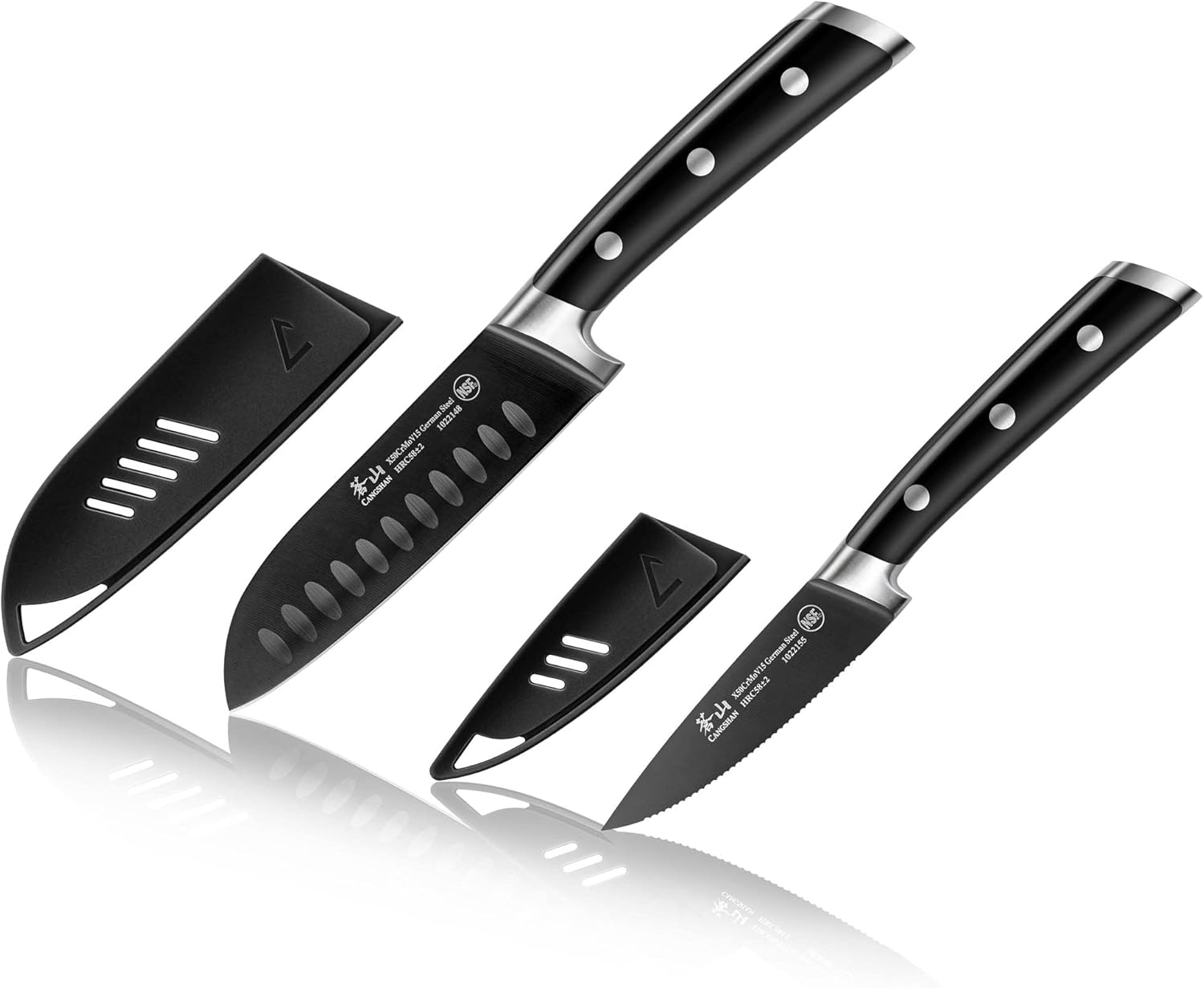 Cangshan S+ Series 1022094 German Steel Forged 2-Piece Titanium Coated Santoku Starter Knife Set with Sheaths, Noir Black