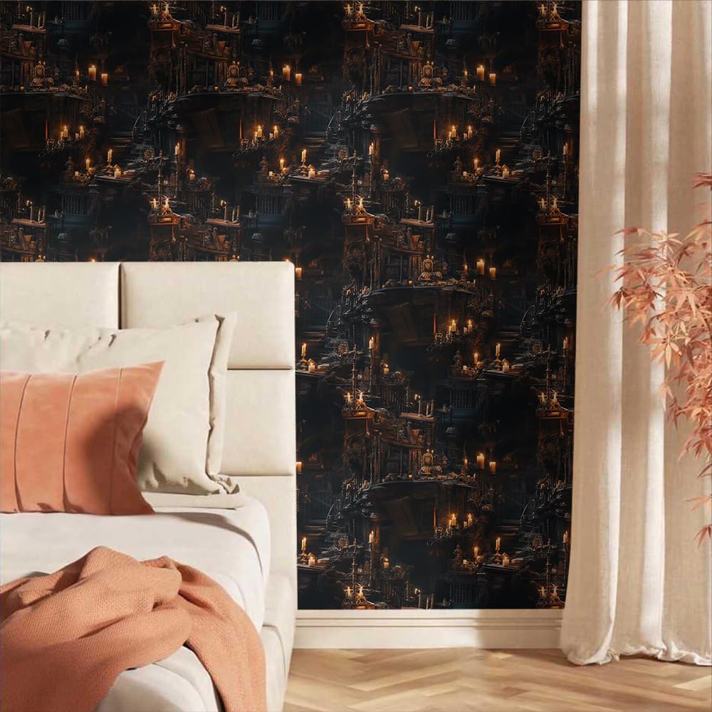 18"x236" Dark Gothic Old Castle Peel and Stick Self Adhesive Wallpaper Removable Contact Paper Stick on Easy Peel Off Wall Paper for Kitchen Bedroom Bathroom Renter