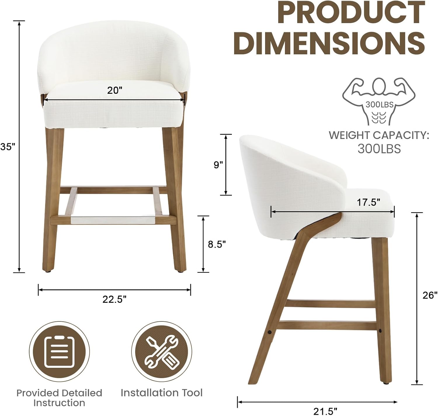 VESCASA 26" Barrel Counter Height Bar Stools Set of 4, Upholstered Counter Kitchen Chairs with Arm Wood Legs, White Linen