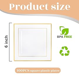 bUCLA 100PCS Clear Gold Plastic Square Plates - 6 Inch Clear Disposable Dessert/Cake Plates with Gold Trim - Ideal for Weddings,Birthday&Party