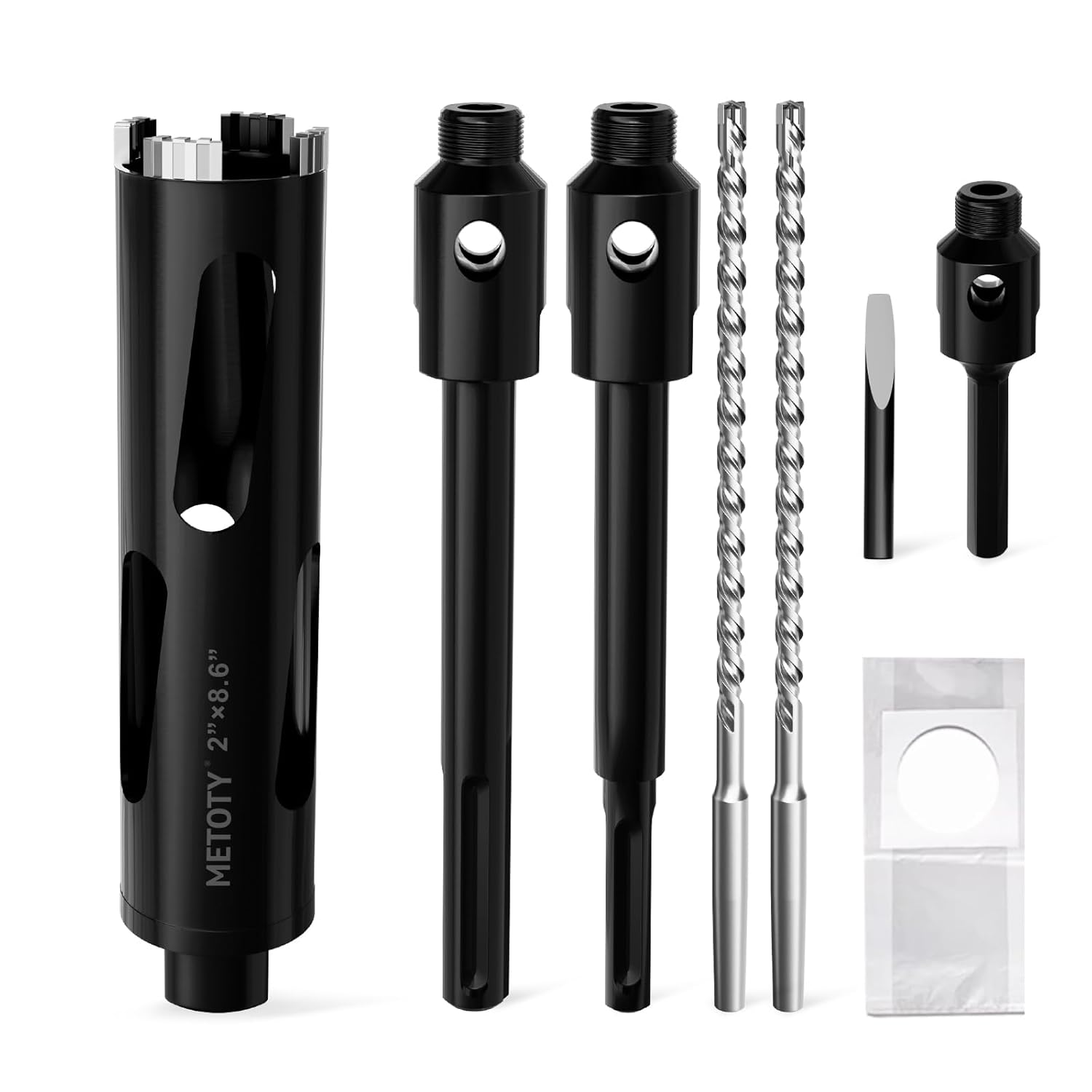 Diamond Core Drill Bit 2"(50mm) with Pilot Bit & Adapters (SDS Plus & Hex) – Upgraded Welded Segments, 8.6" Depth – for Concrete, Solid Brick, Hollow Brick, Masonry & More
