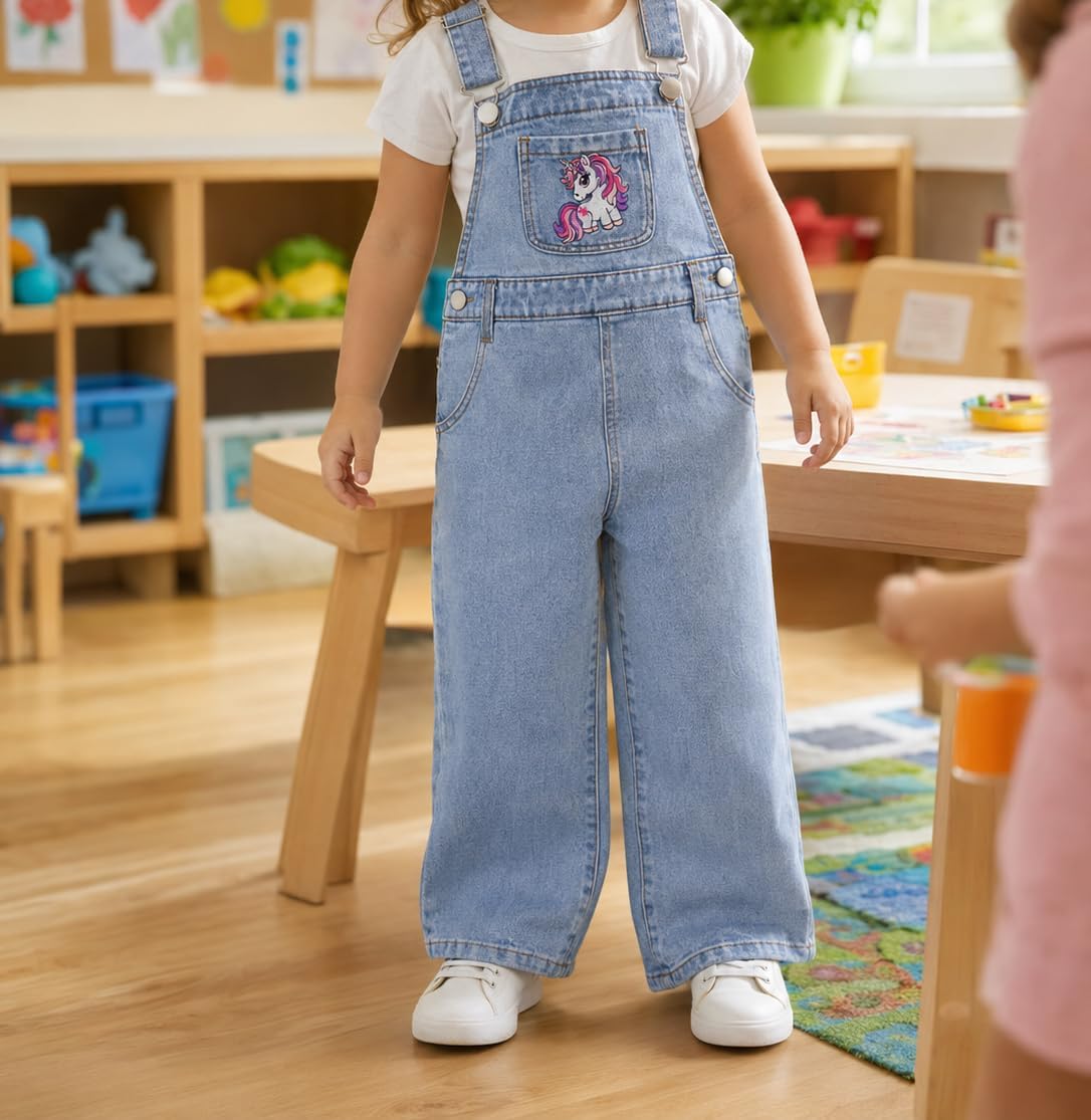 KIDSCOOL SPACE Girls Denim Overalls with Unicorn Embroidery, 2T-7T Wide Leg Jean Jumpsuit for Toddler Little Kids