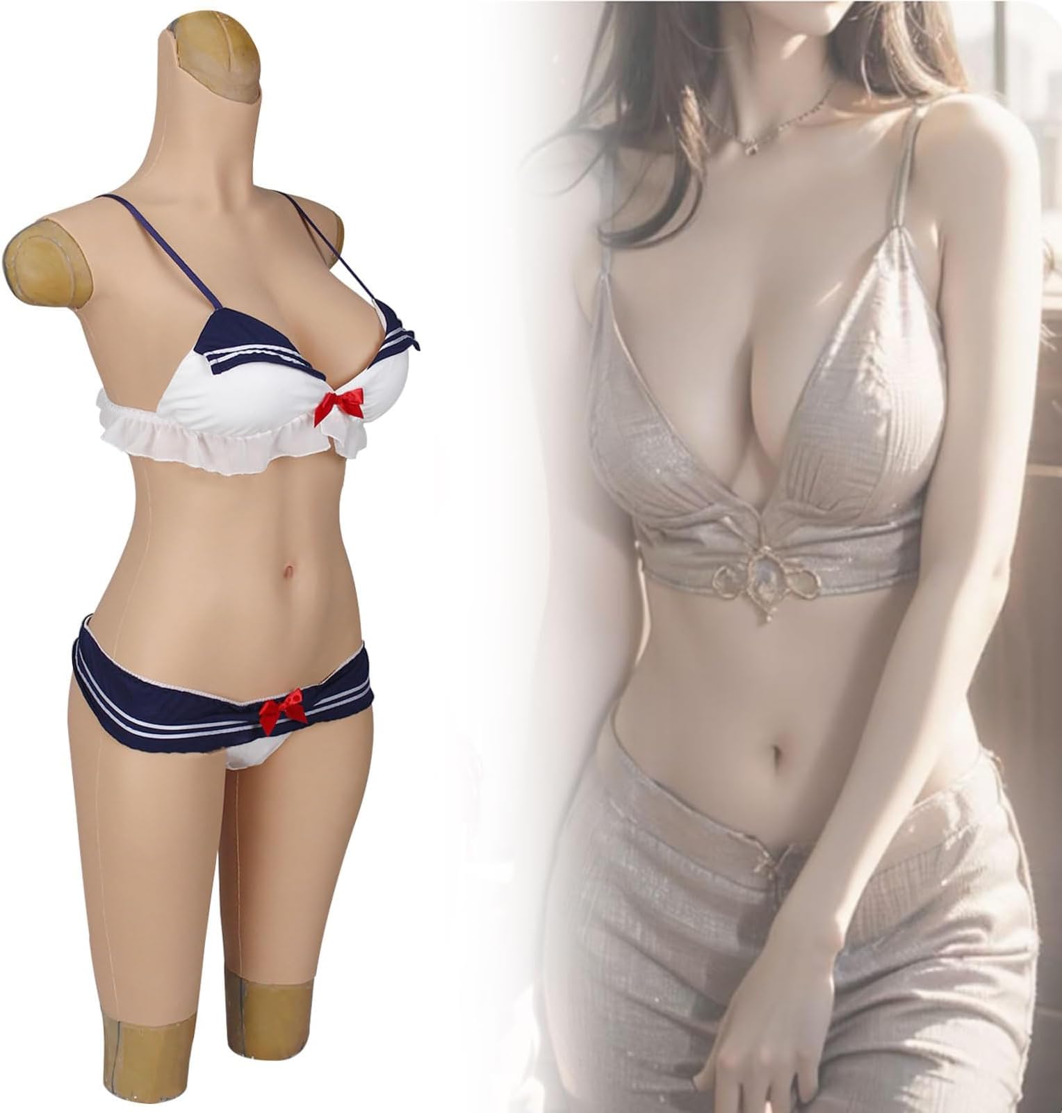 Full Silicone Bodysuit Knee Length Realistic Breastplate Sleeveless Jumpsuit Fake Vaginal Panties for Crossdresser