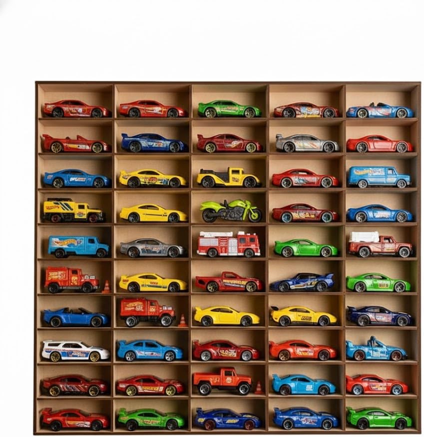 Alejandro Cortes Premium Storage Wooden MDF Display Case Organizer for 50 1/64 Scale Diecast Cars - Natural Finish Wall Mount Storage Shelf for Collectors