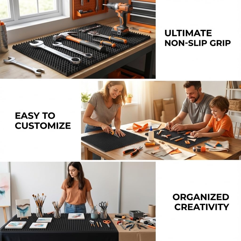 Universal Tool Box Foam Organizer – 4 pcs Non-Slip Toolbox Foam Liner with Triangular Prism Design, Cuttable Packaging Inserts for Tool Box, Cabinet, Shelf - 23 x 16 x 1 Inch, Black