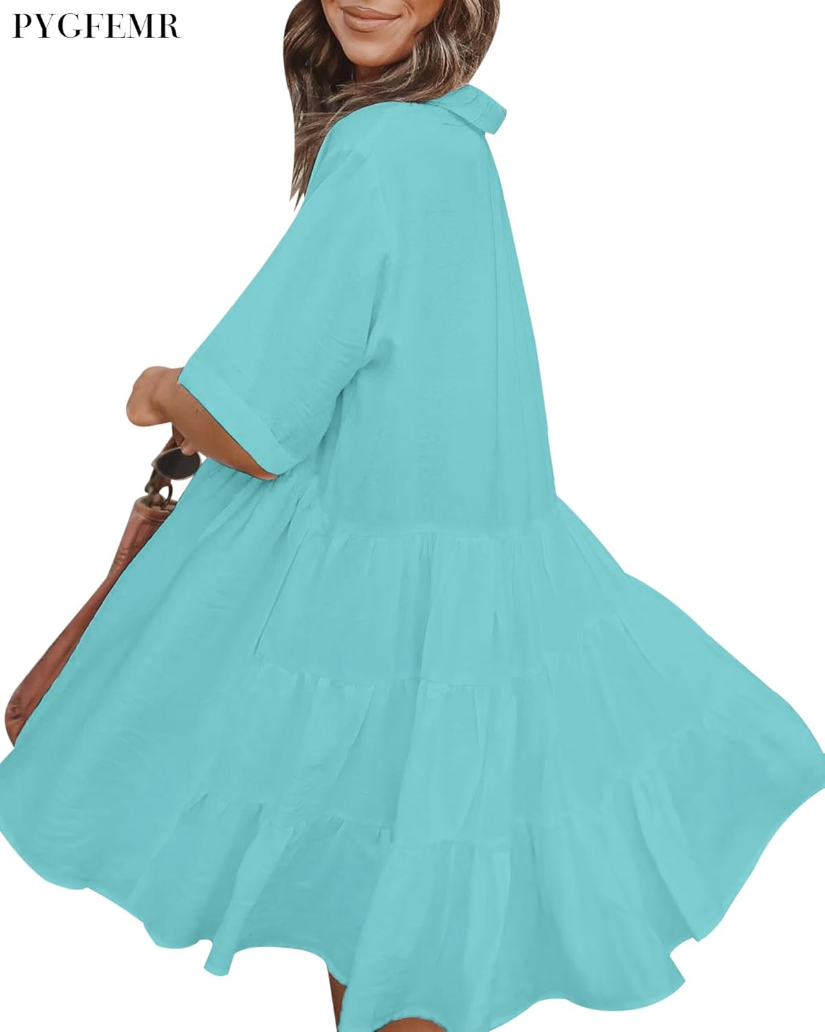 PYGFEMR Women's Summer Short Sleeve Babydoll Dress Casual Button Down Dresses with Pockets Blue Green L - Image 3