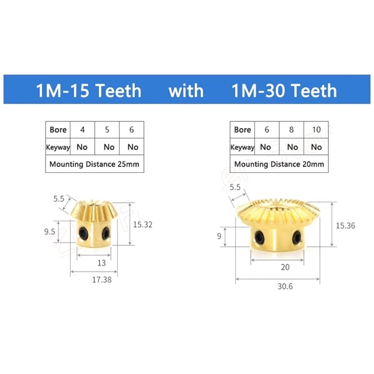 1:2 Brass Bevel Gear 1M 15 20 30 40 Teeth 90 Degrees Meshing Angle Gears Bore 4/5/6/8/10/12/14/15mm 1Pcs(4mm,1M-20 Teeth)