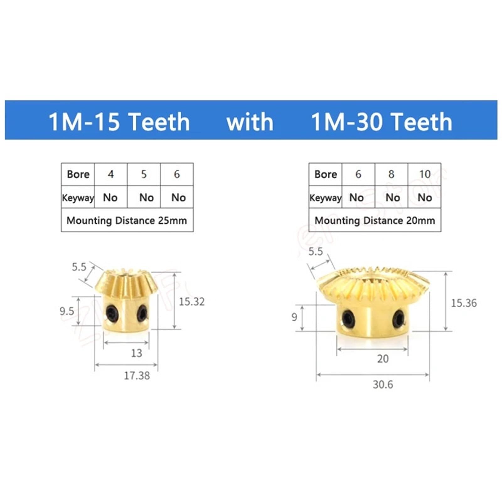 Ingranaggi conici in ottone 1:2 1M 15 20 30 40 denti 90 gradi angolo di ingaggio ingranaggi foro 4/5/6/8/10/12/14/15mm 1 pz(12mm (keyway 4mm),1M-40 Teeth)