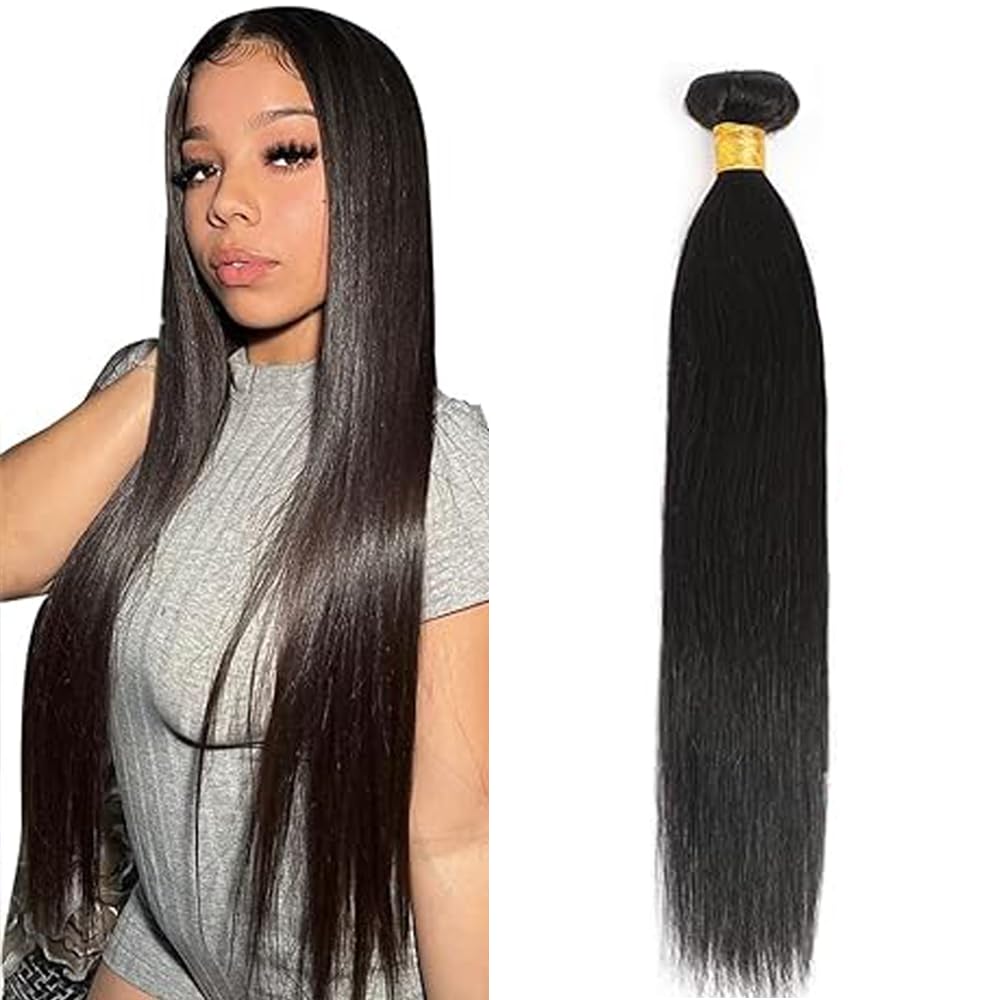 26 Inch Straight Cheveux Naturel Hair Extension Human Hair Bundles Unprocessed Brazilian Virgin Hair Double Weft Weave #1B Natural Black Minimal Tangles&Shedding For Women 50g/Bundle