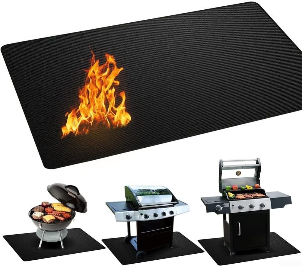 Fireproof Barbecue Stove Mat with Heat Resistant Fiberglass, Large Outdoor Flame Retardant Grill Pad for Deck, Patio, Lawn Protection, Easy to Clean Black Floor(165cm*99cm)
