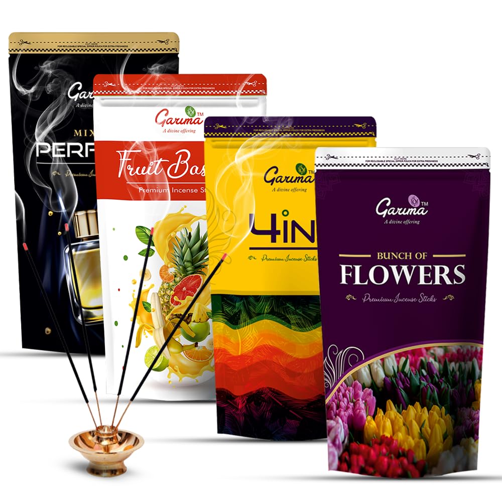 Garima Ultra Premium Zipper Pouch Incense Sticks – Fruit Basket, Bunch of Flower, Mixed Perfume, 4 in 1 | Pack of 4 (400 Sticks, Set of 4) | Natural Fragrance for Home, Pooja & Meditation-image-12
