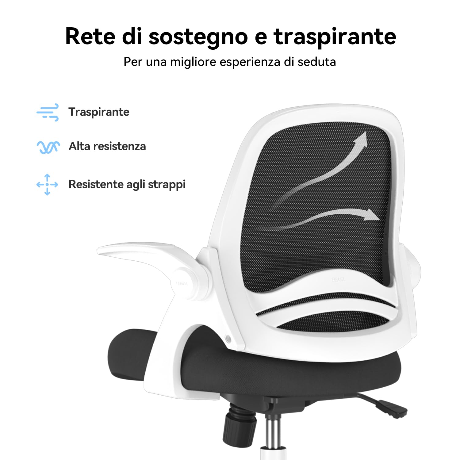Hbada J1 Sedia da ufficio ergonomica, poltrona da ufficio con bracciolo pieghevole, seduta in tela, girevole a 360°, Bianco