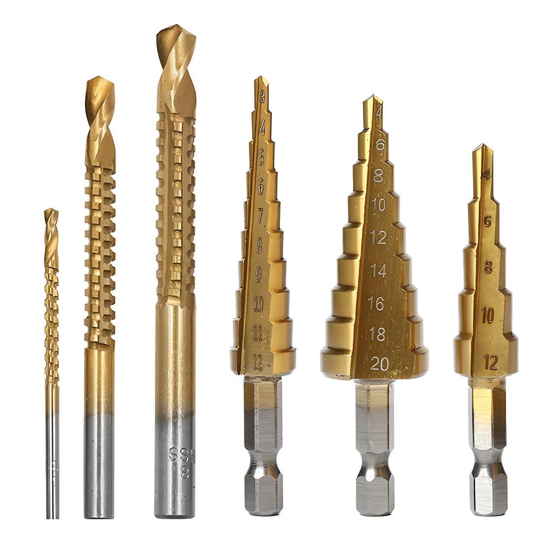 6 Piezas, Broca Escalonada Y Sierra De Agujero, HSS Metal, Para Acero Inoxidable, Chapa, Madera Y Plástico, Rango 3-20mm, Conjunto De Perforación Profesional, Color Dorado