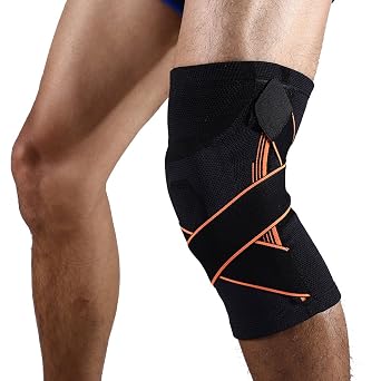 Knee Compression Sleeve with Pressure Strap 3D Weaving Pressurization Knee Brace Knee Support Professional Protective, Joint Pain Relief, Injury Recovery-Single L, Black Orange
