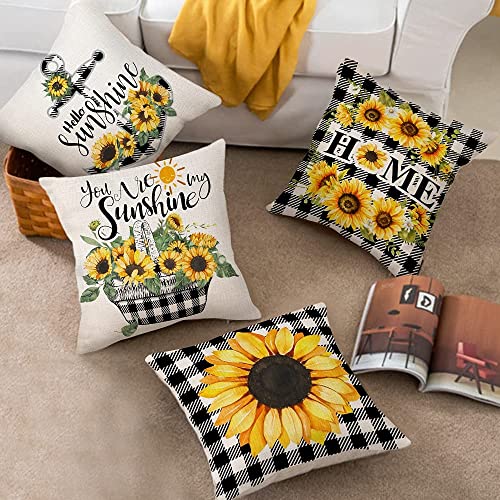 Pinata Decorative Sunflower Pillow Cover, Yellow Black Buffalo Plaid Throw Pillow Cover 18X18 Set Of 4 Farmhouse Sunflower Decor For Home Outdoor Sofa Couch, Fall Flower Pillow Case (No Insert) #TOP2