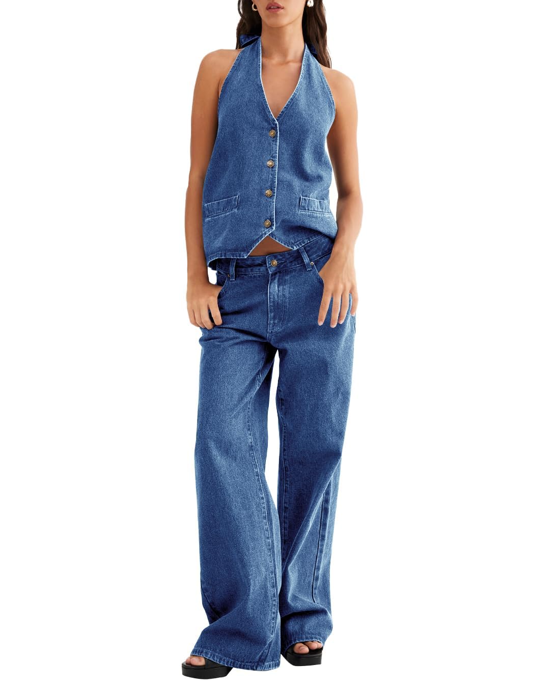 Fisoew Women's Two Piece Denim Set Button Down Backless Tank Top and Wide Leg Jeans 2 Piece Outfit Suits
