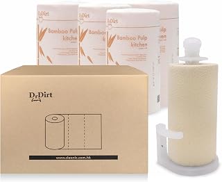 DrDirt Bamboo Paper Towels, Strong and Sustainable, Oil-Absorbing, Water-Locking, with Plastic Holder, 5 Rolls, 173 Sheets/Roll