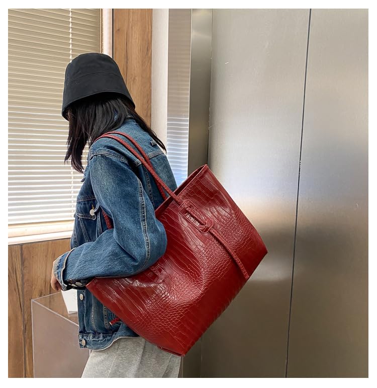 Tote Bag for Women Leather Crocodile Handbag Black Purse Large Shoulder Bag for Travel Work Shopping3