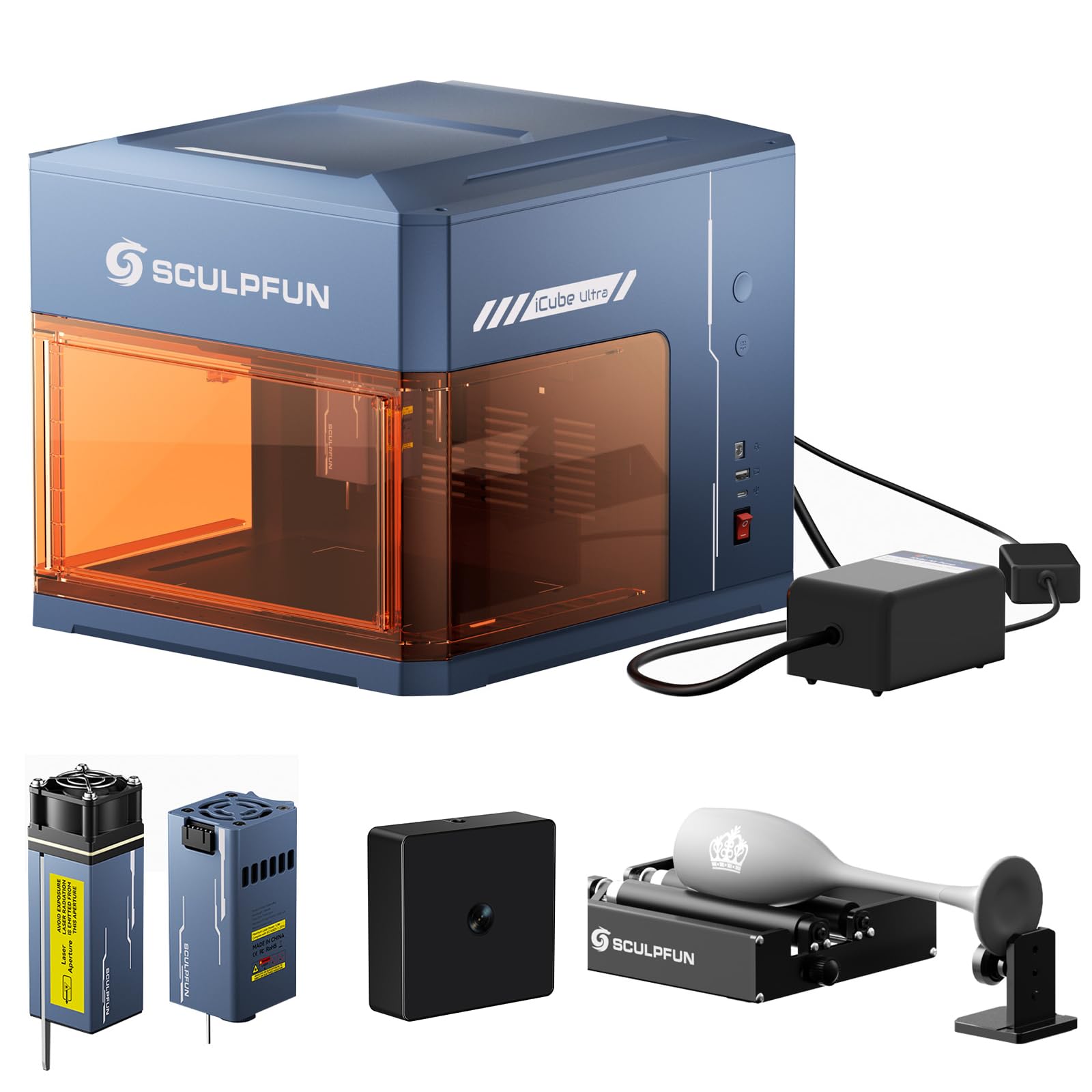 SCULPFUN iCube Ultra Dual 12W Laser Graviermaschine, 12W Diode & 1,2W Infrarot, Air assist, laser rotary roller, iCAM Kamera, Laser Cutter für Holz, Leder, Acryl, mit Auto-Fokus & Rauchfilter
