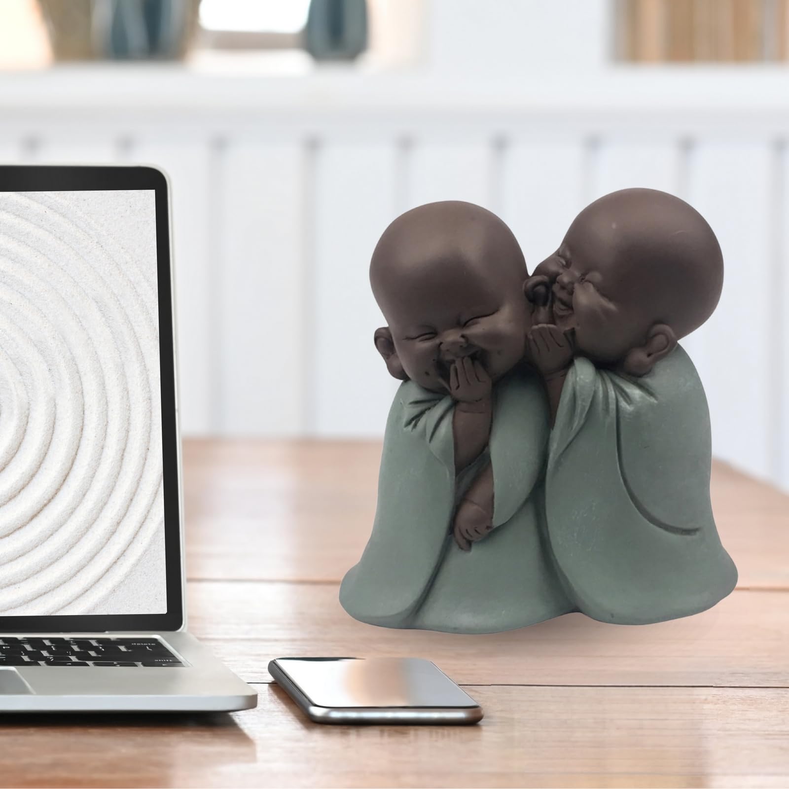 Statuetka Bonze - Uchwyt szczęścia - Dekoracja Zen i Feng Shui - aby stworzyć relaksującą i duchową atmosferę - Pomysł na prezent - wysokość: 12 cm - zielony i brązowy - Zen'Light