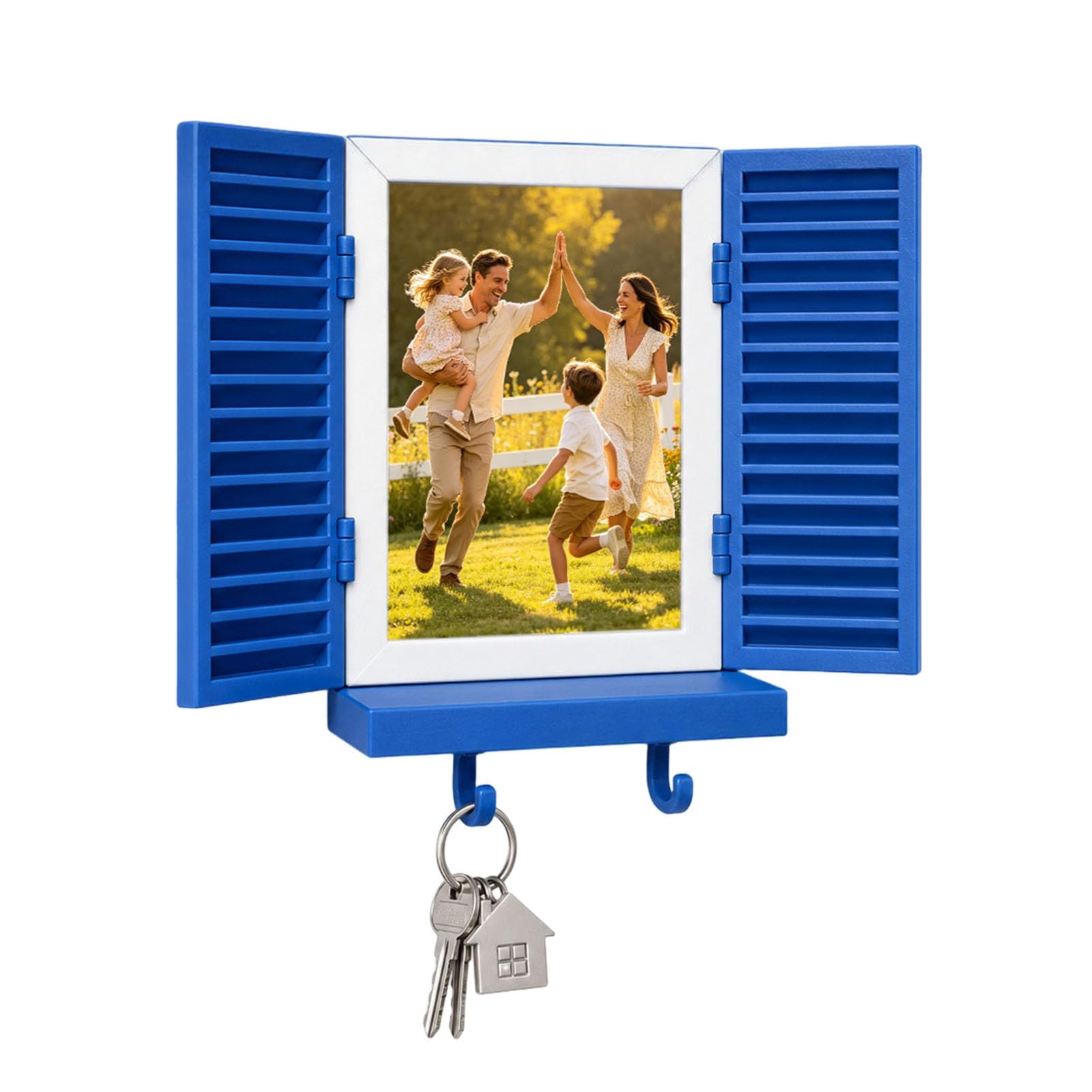 sugerou Key Holder Wall Decor Mediterranean Style with Hidden Shelf - Opening Closing Blinds Design, Entryway Organizer for Photos Mail Keys, Coastal Shutter Inspired Blue