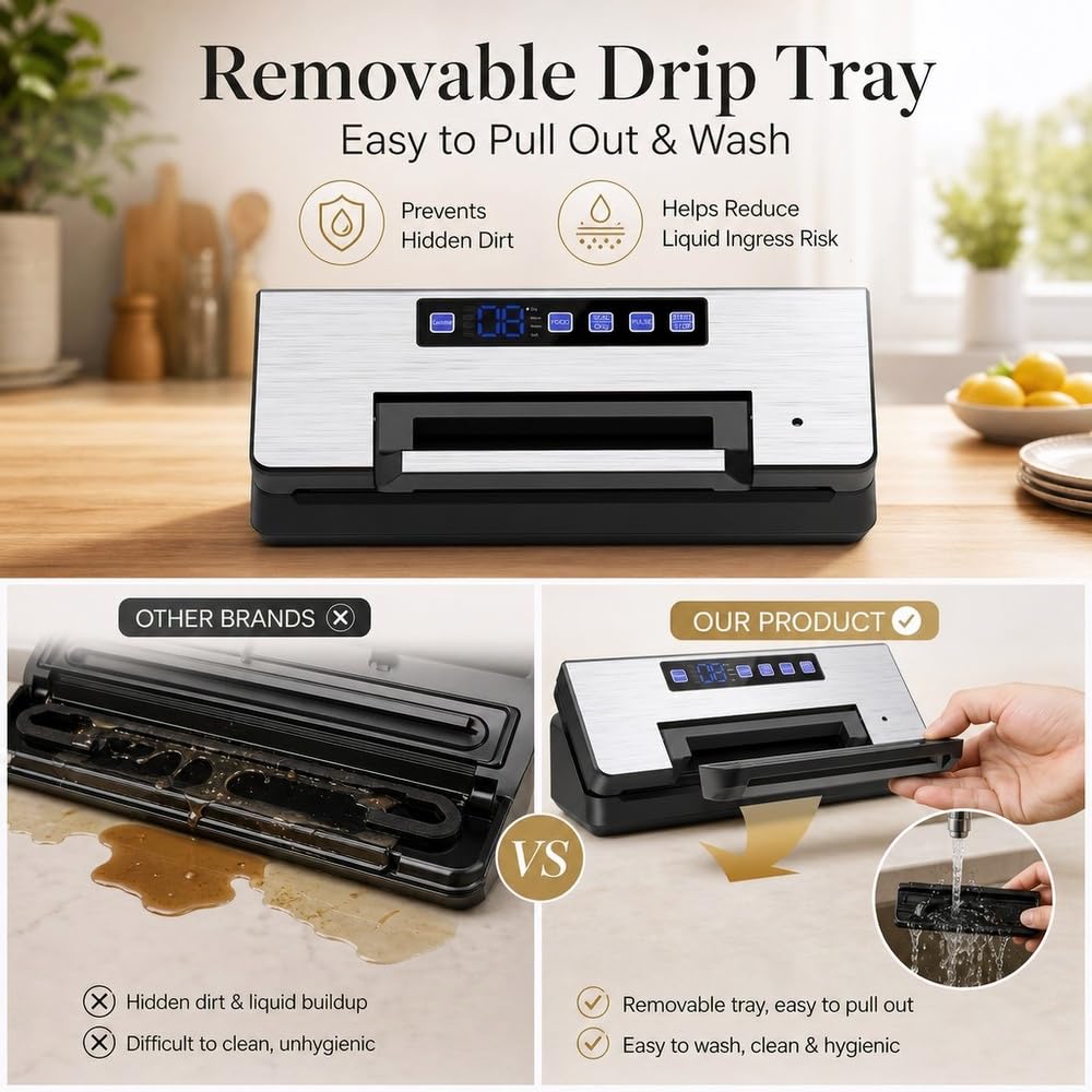 Máquina al vacío de alimentos - Bomba doble potente 100 kPa, modo seco y húmedo, fácil de usar, arranque automático tapa, bandeja de agua extraíble, bolsa y rollo incluido