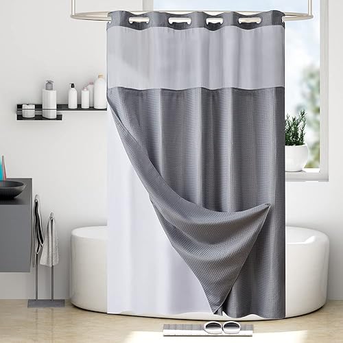 Miniatura 7 de Furlinic Cortina de ducha sin gancho con forro de tela a presión, cortina de baño resistente con ventana transparente, impermeable y lavable a