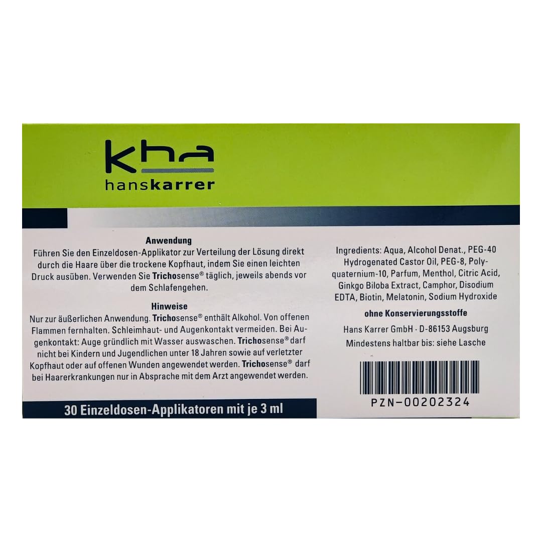 Hans Karrer Trichosense Lösung, 30x 3 ml I Pflege bei erhöhtem Haarverlust für Frauen und Männer I Haarausfall I dünnes Haar I gesunde Haare I Melatonin I Biotin I Spar-Set plus Pharma Perle (1x)