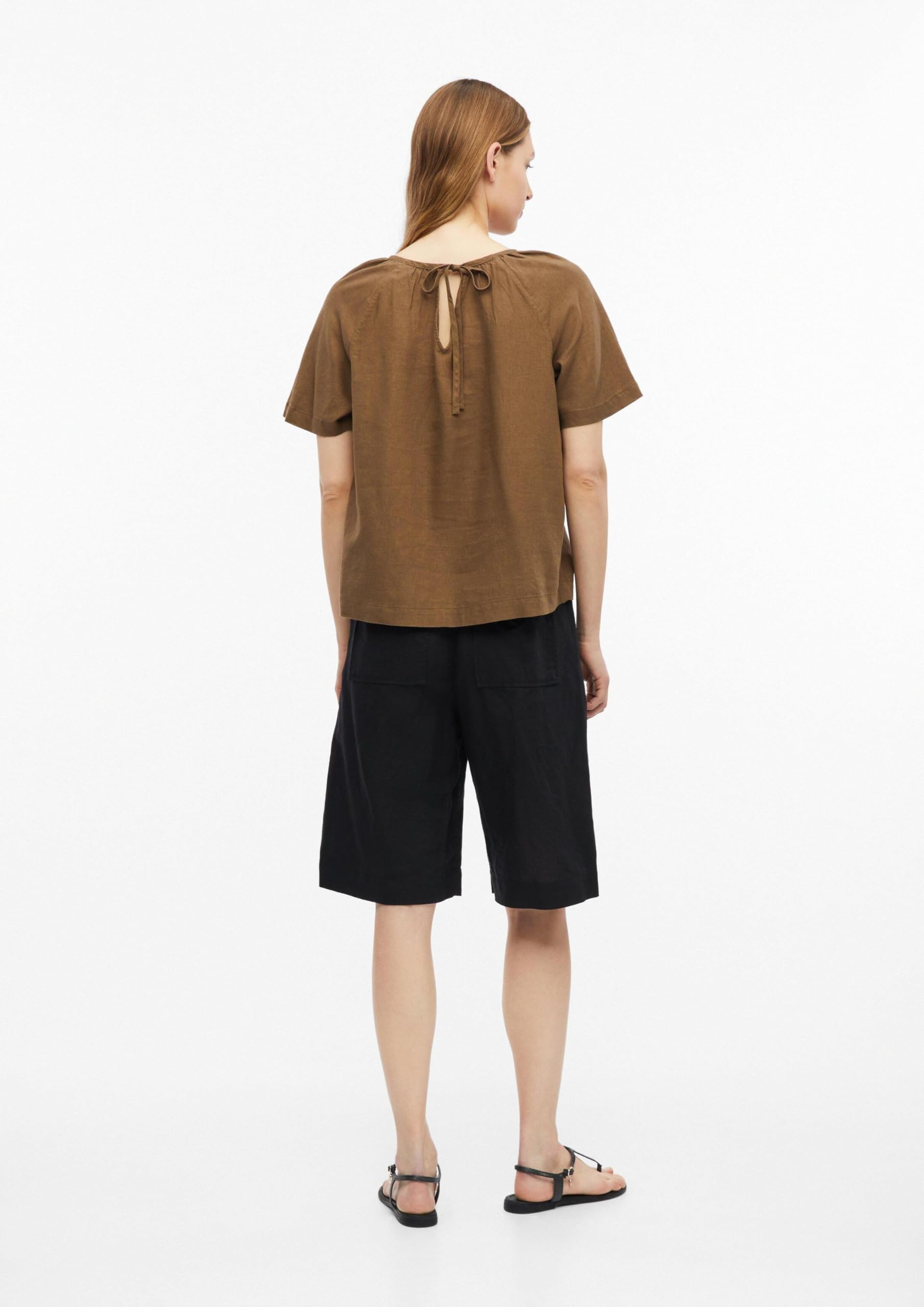 s.Oliver Damen Bluse – Relaxed Fit, Leinenmix, Kurzarm mit Raffung und Schleife