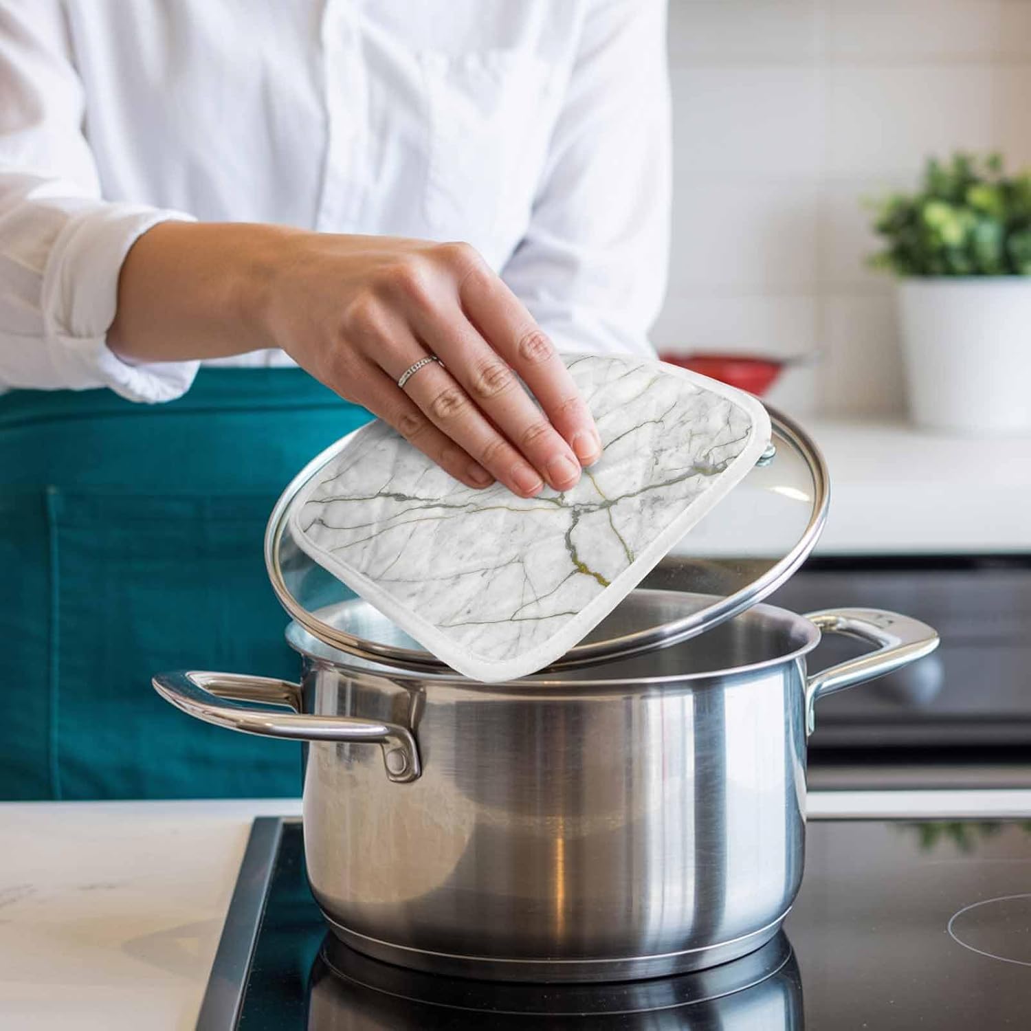 White Marble Pot Holders for Kitchen Heatproof Potholder, 5 Pack Modern Abstract Art Ink Painting Hot Pads Multipurpose Oven Pads Cloth Potholders Trivet for Cooking Baking