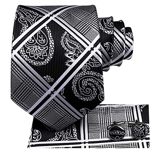 Image of Hi-Tie Mens Plaid Ties Classic Paisley Necktie with Handkerchief Cufflinks Set Business Stripe Tie
