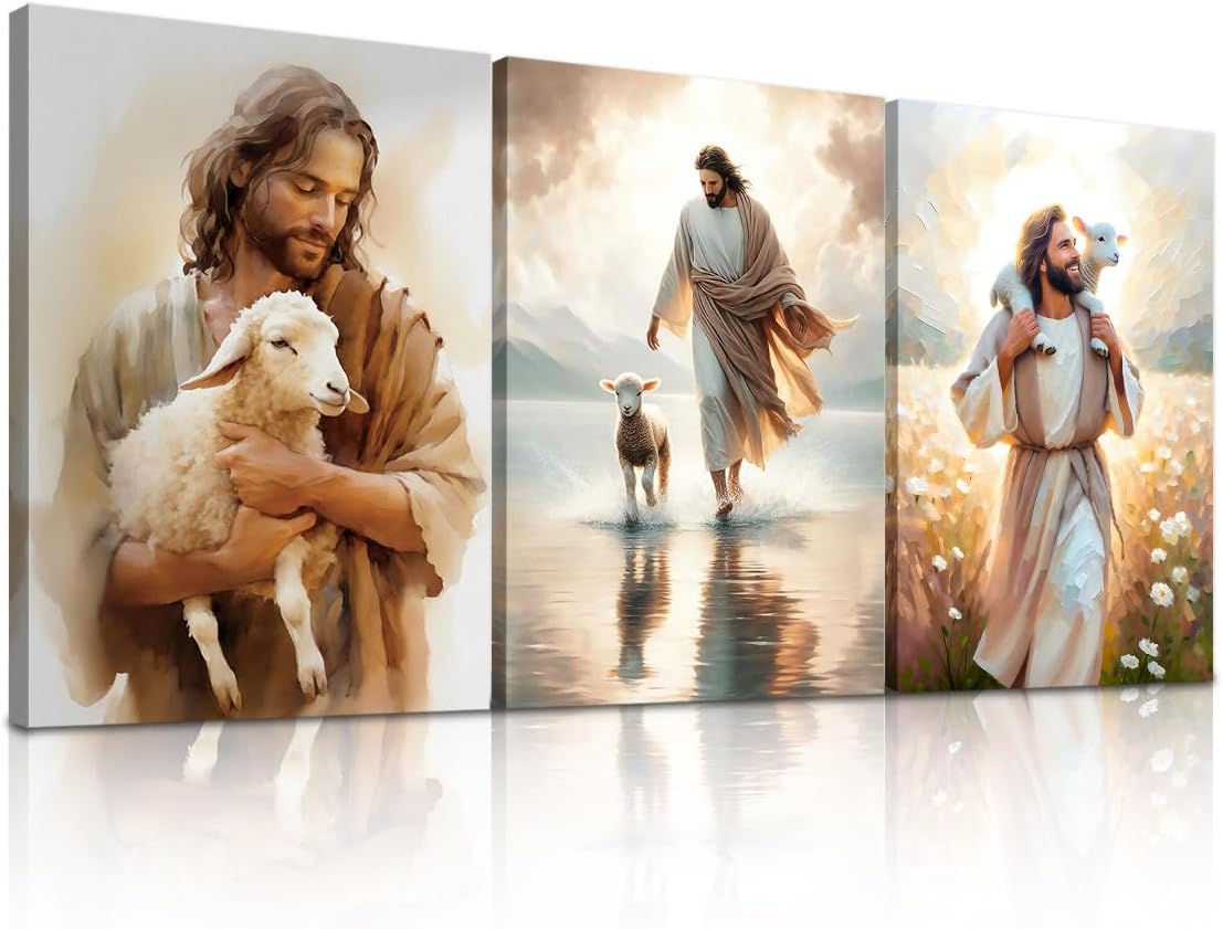 Set of 3 Framed Canvas Wall Art Jesus Saves The Lost Lamb & Jesus Walking On Water Religious Artwork Christian Wall Decor Painting HD Print Poster for Bedroom Living Room Church 16x24inch