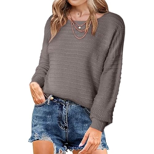Dokotoo Womens Ribbed Knit Textured Drop Shoulder Long Sleeve Crew Neck Pullover Sweaters