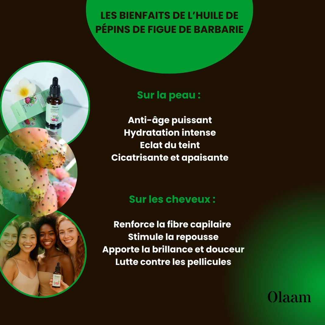 Huile de Pépins de Figue de Barbarie - Pipette - Bouteille en Verre - 100% Pure, Naturelle, Pressée à Froid - Huile de Figue de Barbarie Visage Anti-Âge et Anti Cerne Soin Visage Cheveux