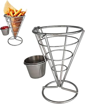 French Fry Cone Holder Stand Fries Basket Chip and Dip Serving Set, Sliver | Silver Stainless Steel Snack Rack Wire Cone Fries Holder French Fry Cup Basket for Serving in Party, Picnic & Kitchen