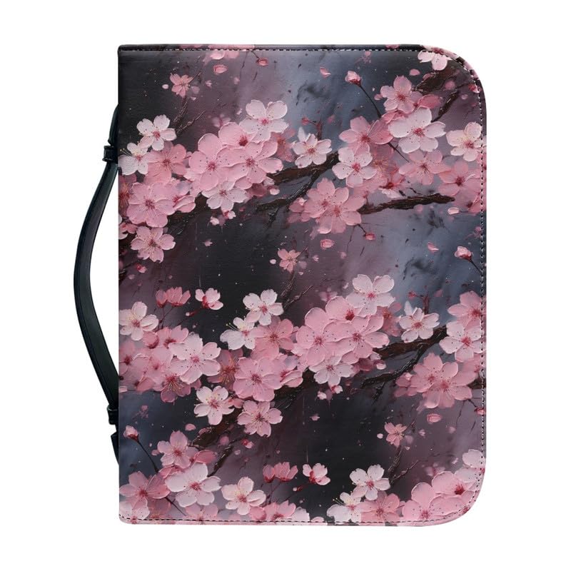Kuiaobaty Cherry Blossom Print Bible Book Cover with Handle Zipper Book Bag Faux Leather, Pink Flowers Notebook Case for Women Mother — image 1