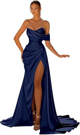 Womens Satin Bridesmaid Dresses with Slit Mermaid Off Shoulder Long Corset Prom Dresses Formal Gowns