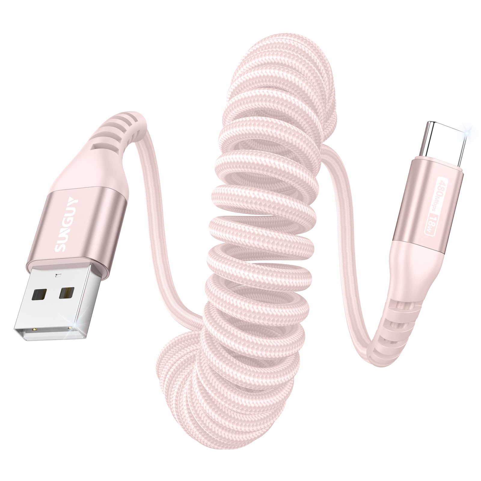 SUNGUY USB C Spiralkabel, 1.2M【‌Empfohlene Dehnlänge: 0.3–0.8m】 USB auf USB C Kabel und Datenkabel für Android Auto,Carplay,iPhone 17/16/15 Series,Galaxy S24 Ultra,Google Pixel, Xiaomi-Rosa
