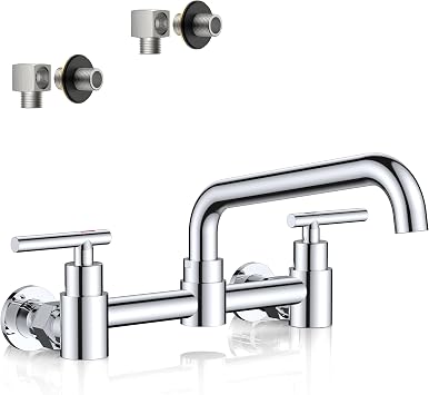 FORIOUS Wall Mount Kitchen Faucet, Adjustable 8" Center Commercial Chrome | No-Lead Stainless Steel Kitchen Sink Faucet, 8 Inch 360 Swivel Spout, 2 Handle for Utility Laundry Room Restaurant Outdoor