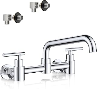 FORIOUS Wall Mount Kitchen Faucet, Adjustable 8" Center Commercial Chrome | No-Lead Stainless Steel Kitchen Sink Faucet, 8 Inch 360° Swivel Spout, 2 Handle for Utility Laundry Room Restaurant Outdoor