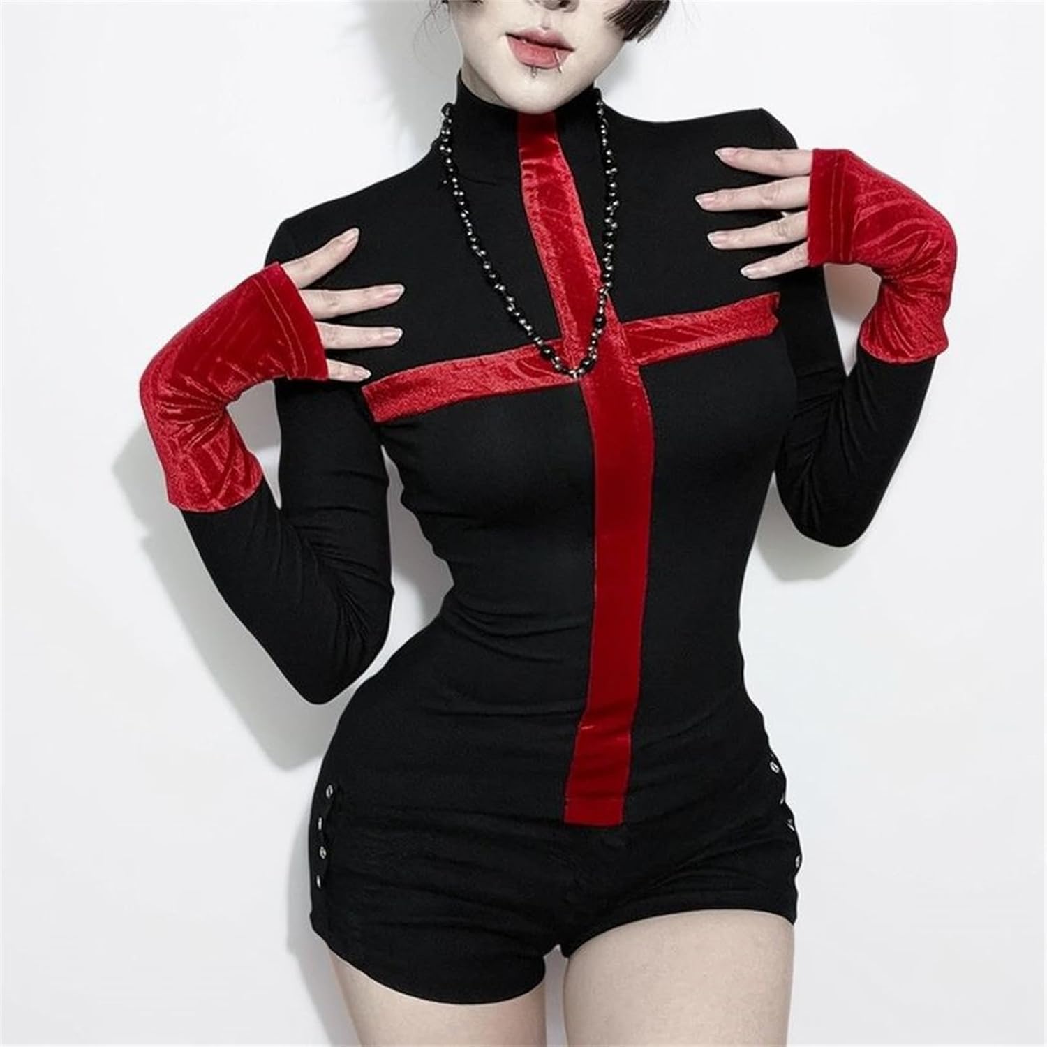 Women Goth Vampire Cross T Shirt - Vintage High Neck Tee Stretchy Long Sleeve Top Going Out Clubbing - Image 2