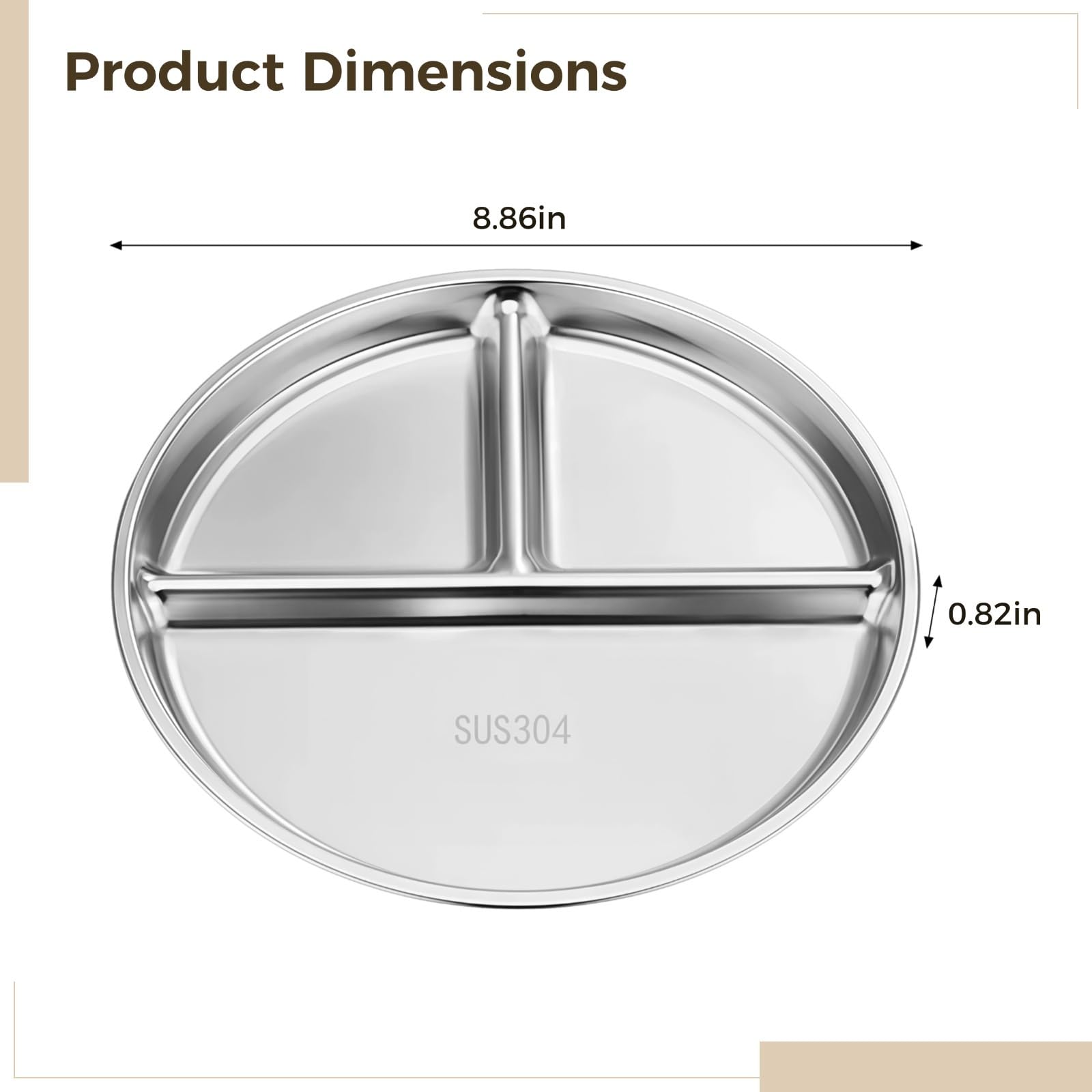 Lot de 4 assiettes divisées en acier inoxydable, design à 3 compartiments, résistantes à la corrosion, idéales pour la préparation et le service des repas