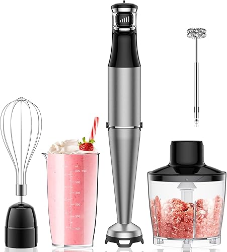 Batidora de inmersión de mano de 1100 W con cable 5 en 1 con velocidad de control de gatillo, batidora, accesorios para espumar leche para sopa,