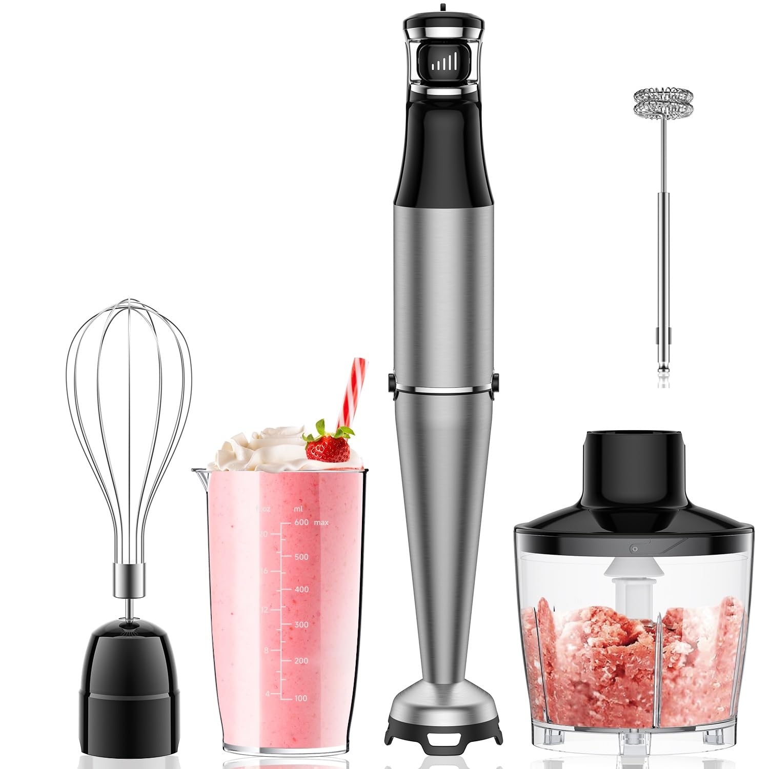 Batidora de inmersión de mano de 1100 W con cable 5 en 1 con velocidad de control de gatillo, batidora, accesorios para espumar leche para sopa, batido, puré