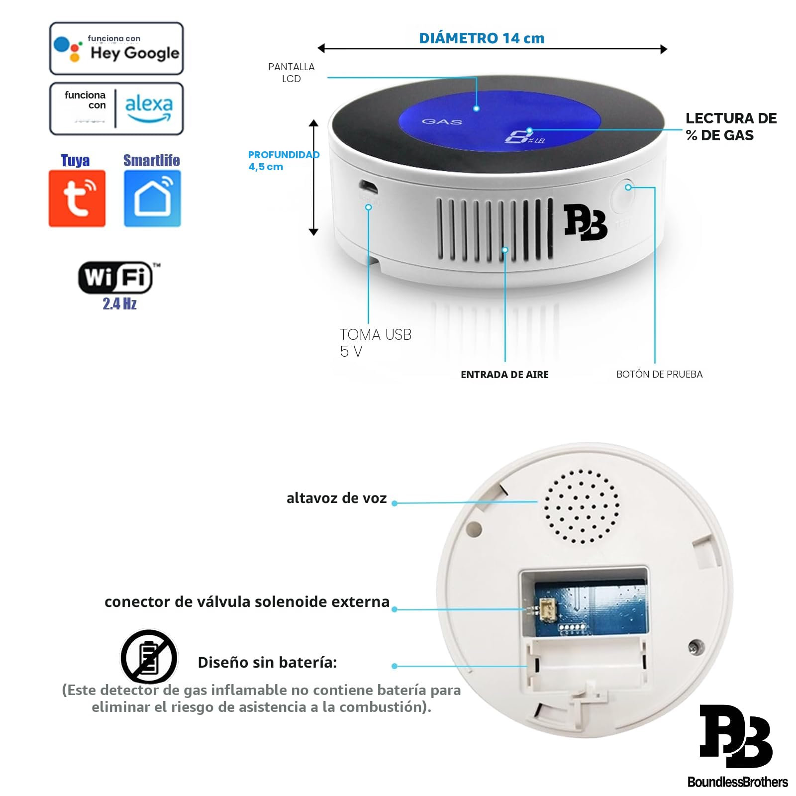Detector de gas WiFi con LCD, detector de fugas de gas natural, gas embotellado/gas de carbón, alarma de 85 dB, control de aplicación, compatible con Alexa y Google Home, certificado EN 50194, fuente