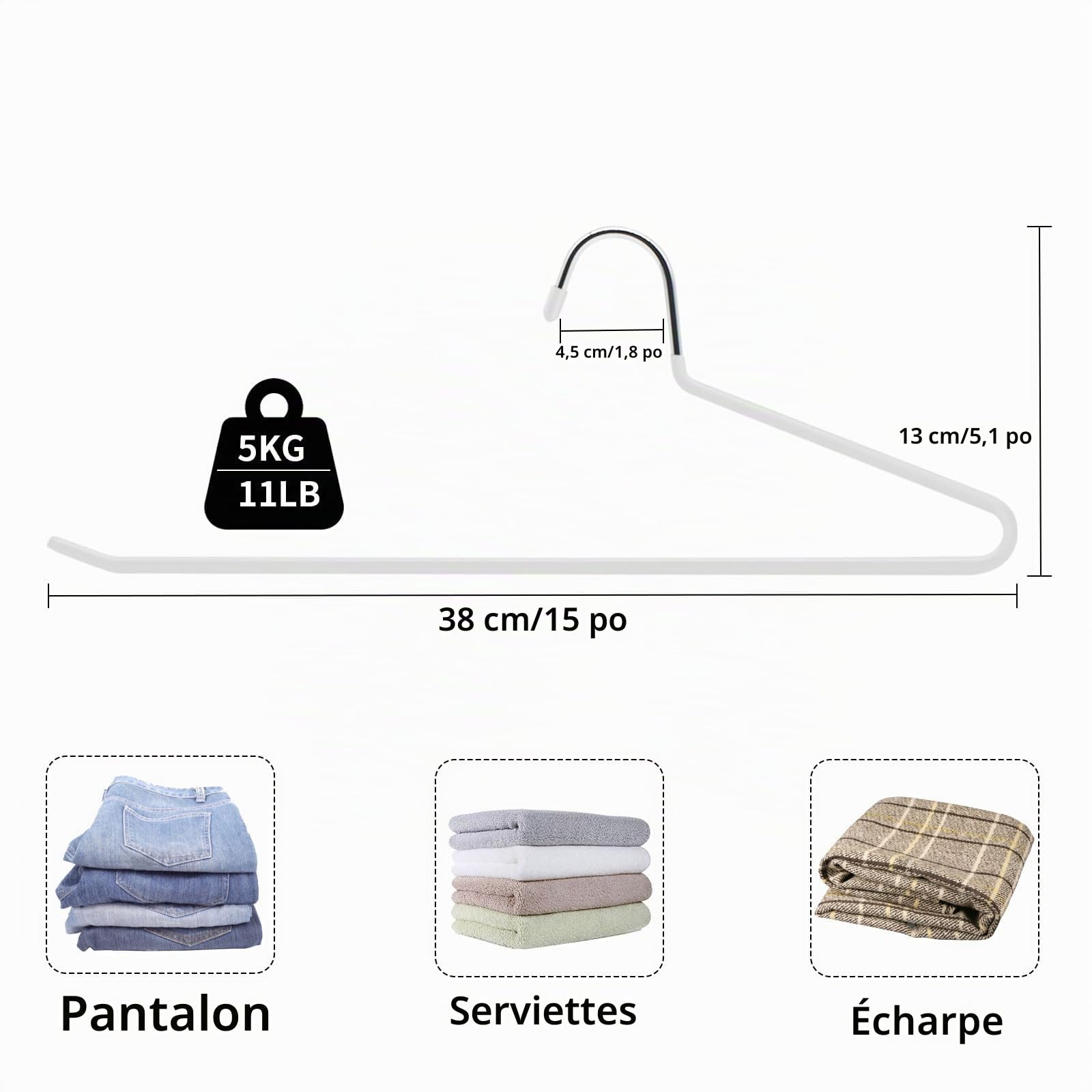 ABHENG Cintres Pantalons, Lot de 60, Accessoires de Rangement, Enfilage Facile, Chromé, Gain de Place, Porte-Pantalon Antiglisse, 38 x 0,5 x 13 cm, Blanc, AIY0560W