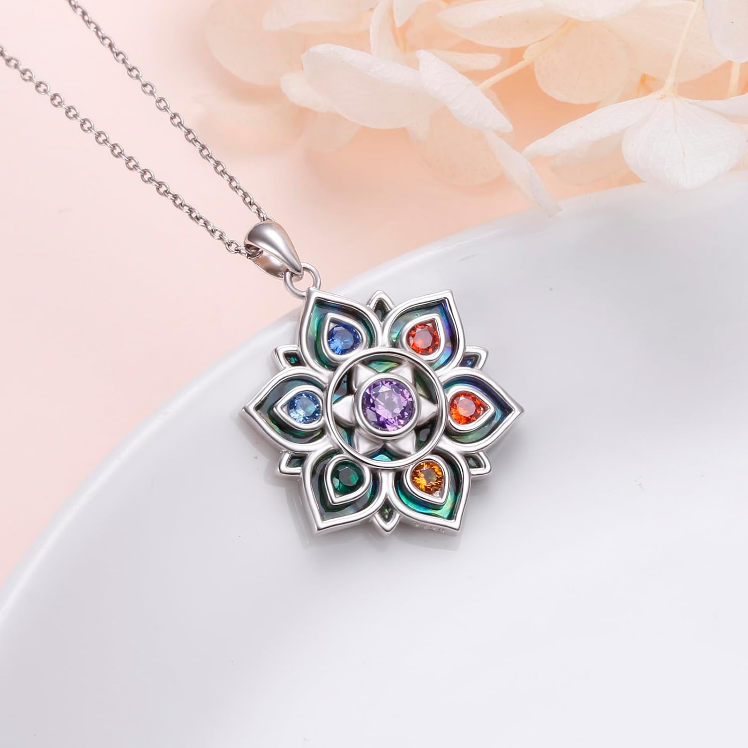 FLYOW 7 Chakra Necklace 925 Sterling Silver Lotus Flower Rainbow Stones Yoga Chakra Energy Balance Pendant Jewelry Christmas Gifts for Women Spiritual Healing - Image 6