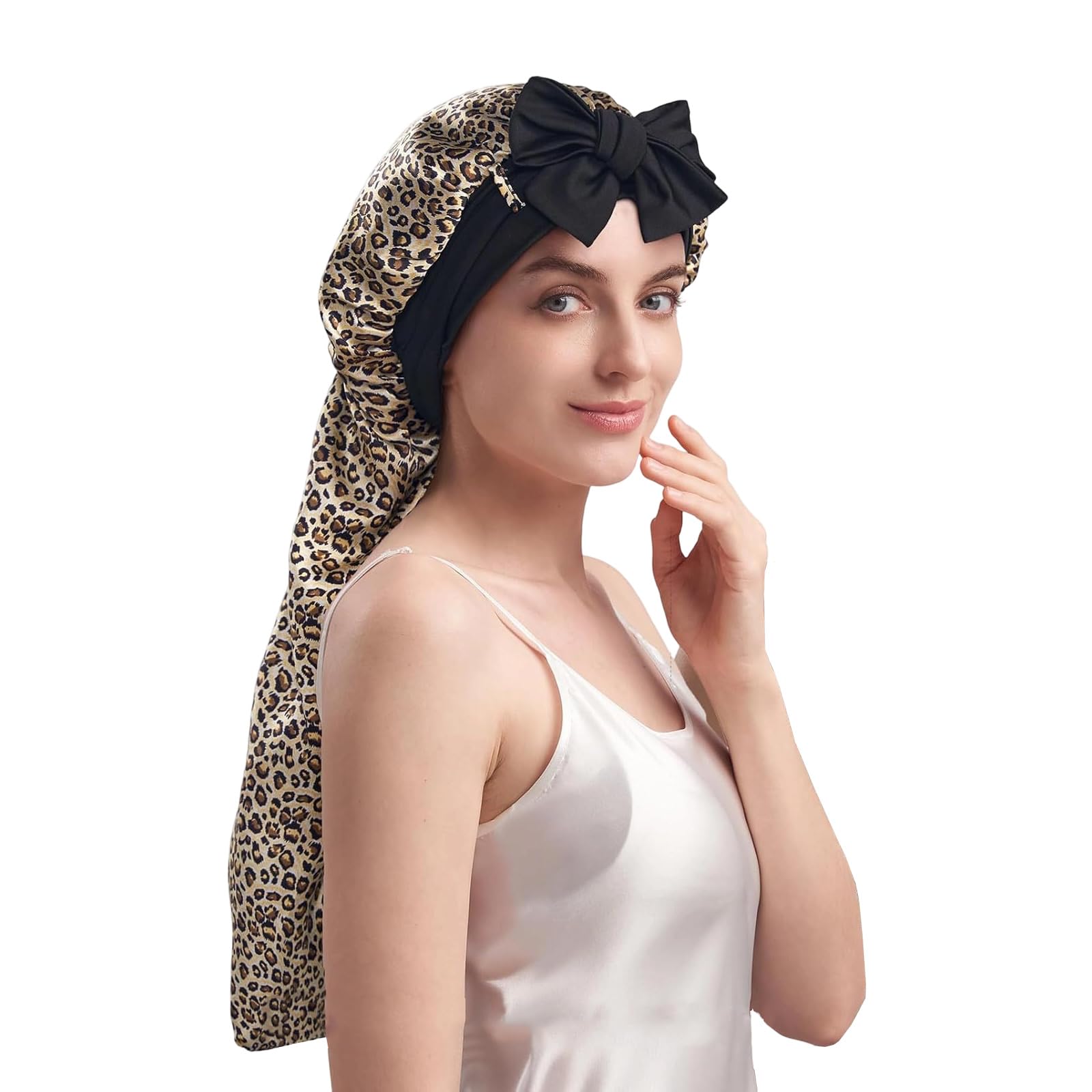 Gorro de noche de seda para dormir, para cabello rizado, liso, correas ajustables, gorro de moda