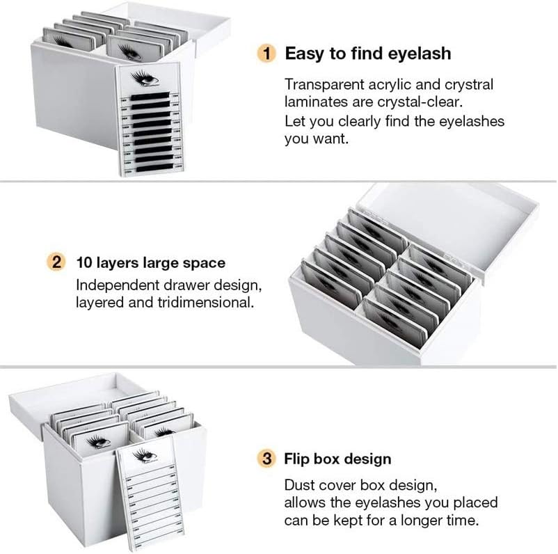 Kogen, 2pcs,10 Layers Acrylic Eyelash Storage Box,with 10 Pallets,Stainless Steel Tweezers for Eyelash Extensions,Eyelashes Holder Case Grafting, Eyelash Box Extension Tool